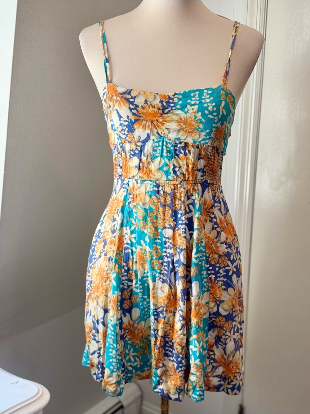 Free People Blue & Orange Floral Smocked Sundress with Pockets | Size 2